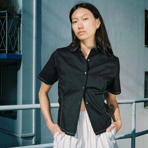 A bronze age - black twill mary top - size medium short sleeve shirt